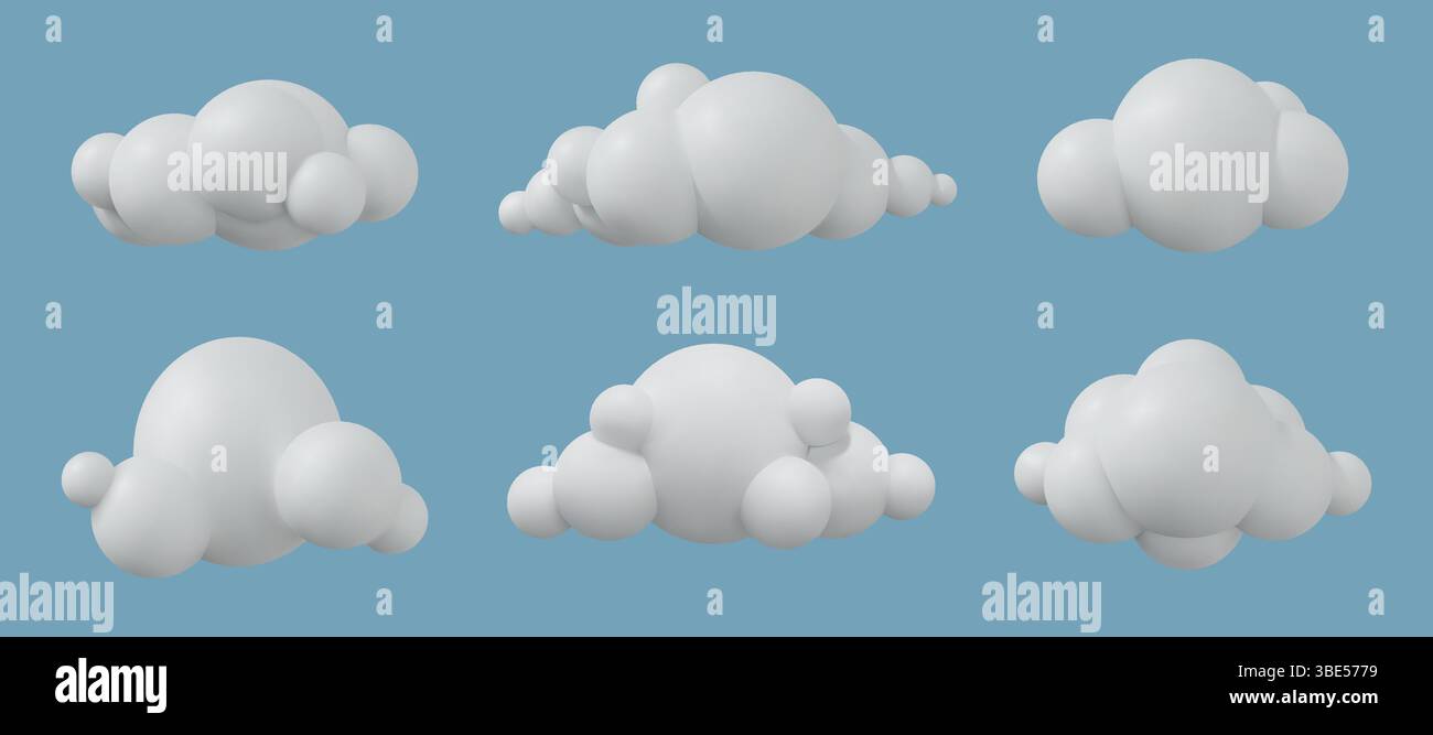 Cloud icon. 3d soft sky, cotton fluffy render of cute balloon, blue smoke weather. White cloudy air shapes. Different cloudscape. Design graphic isolated render meteorology element vector illustration Stock Vector