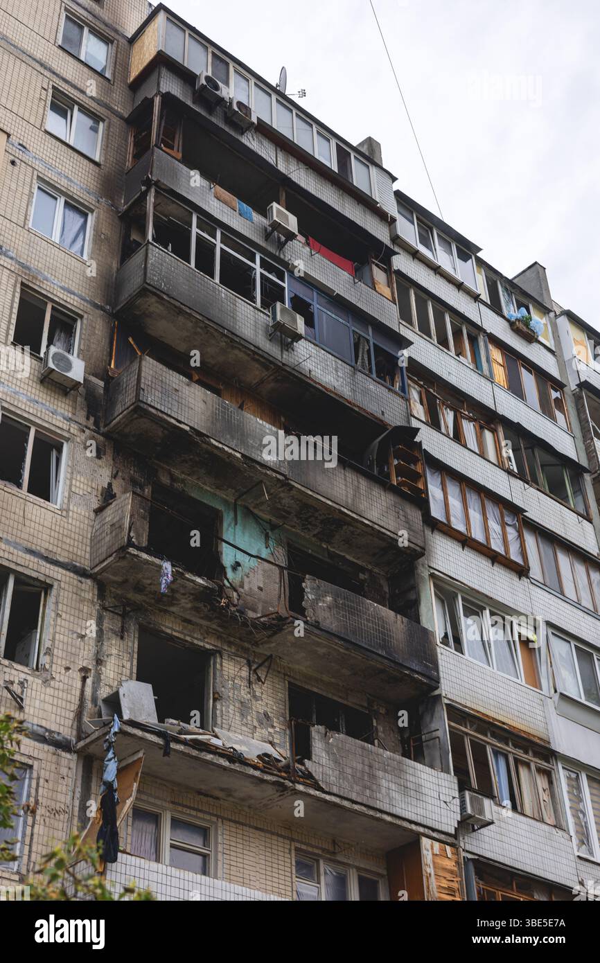 Burnt house after drone attack in Ukraine Stock Photo