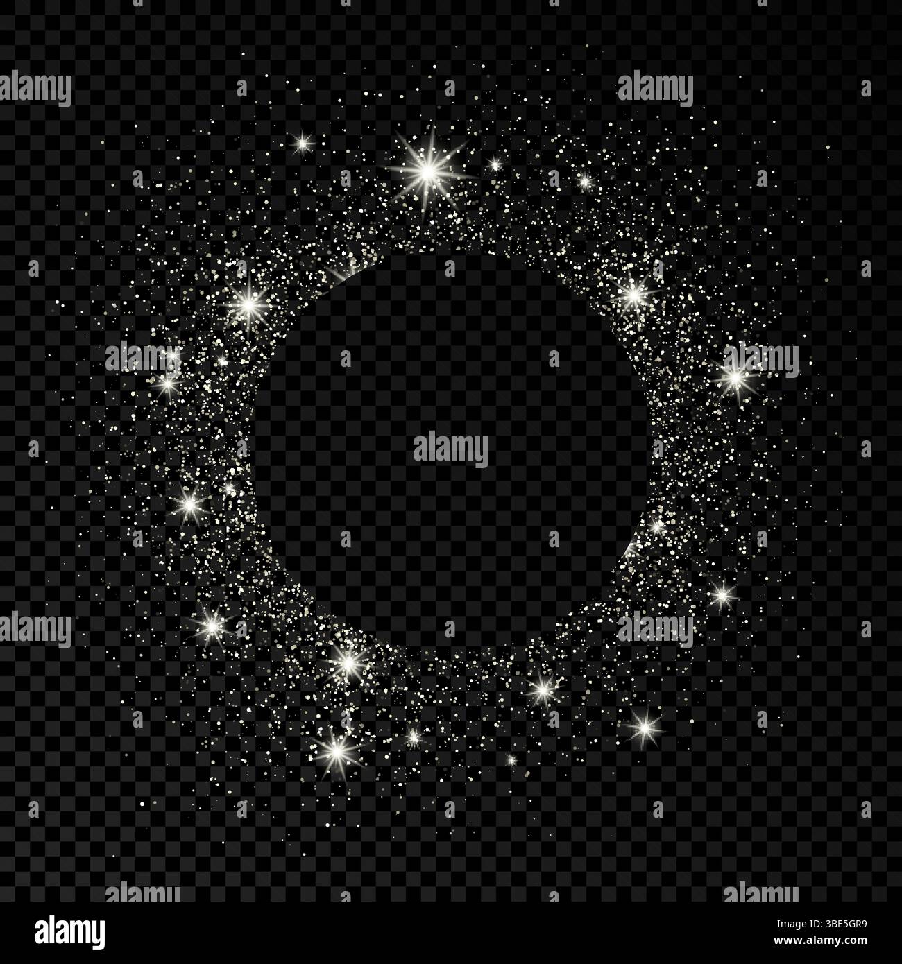 Round frame with silver glitter on dark transparent  background. Empty background. Vector illustration. Stock Vector