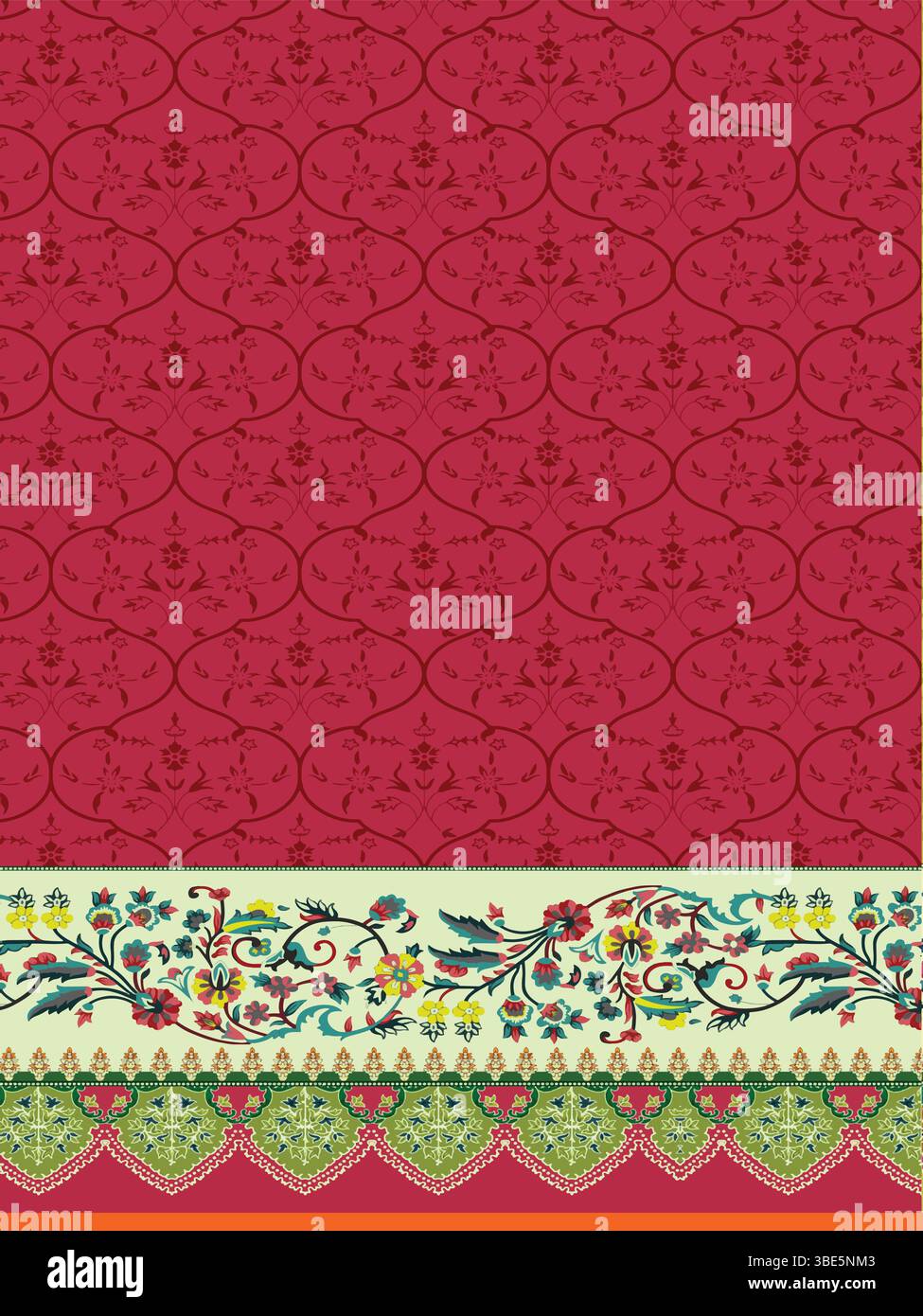 Crimson damask fabric design with colorful floral border Stock Vector ...