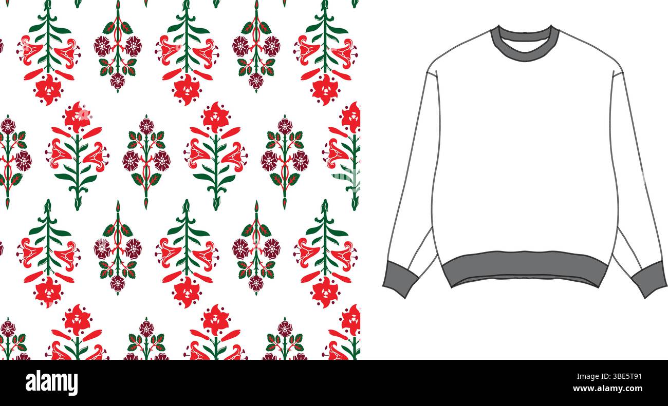 Floral pattern with red and green elements isolated on transparent background Stock Vector
