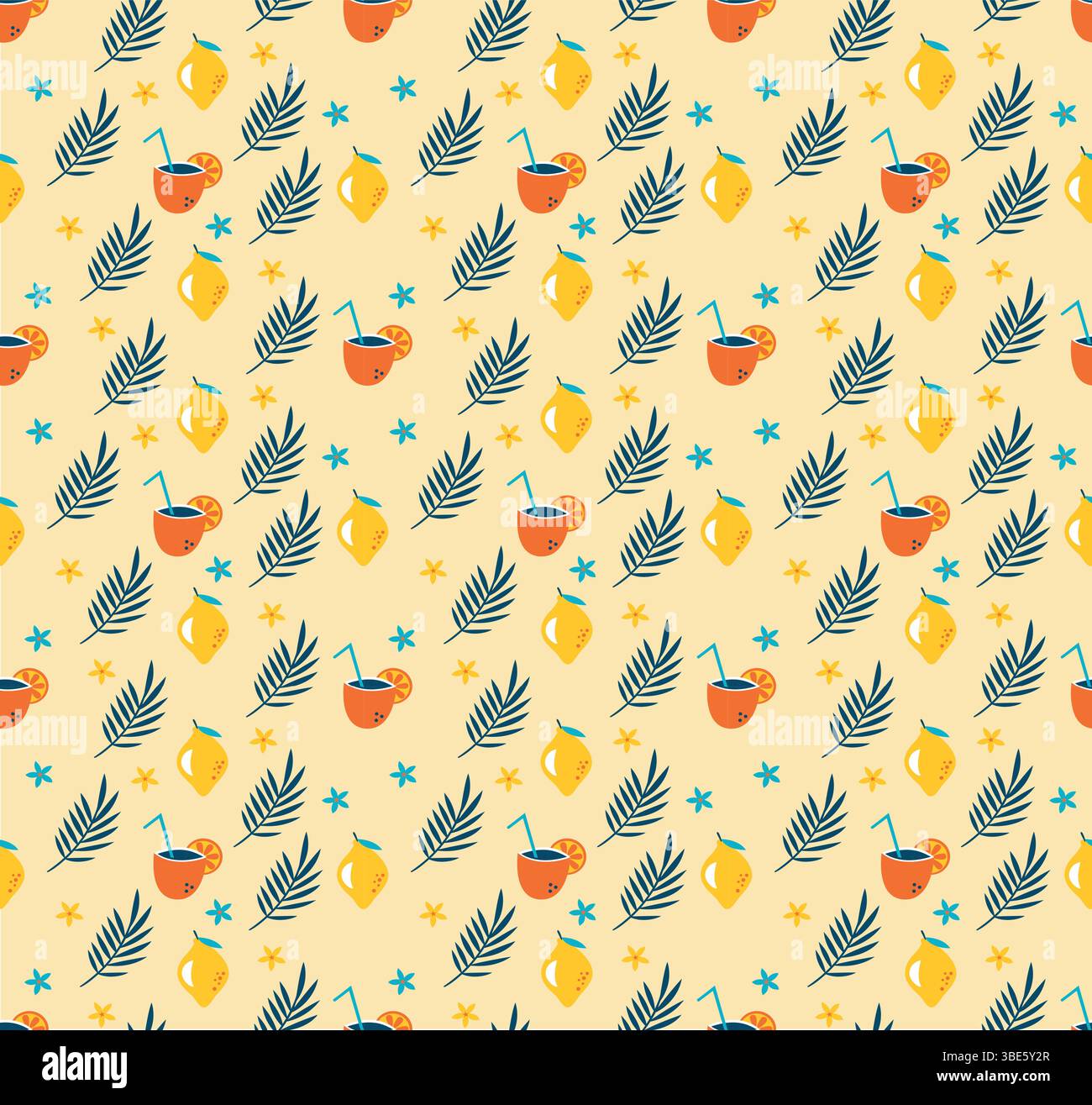 Summertime lemon tea pattern repeating design with lemons teacups and palm leaves Stock Vector