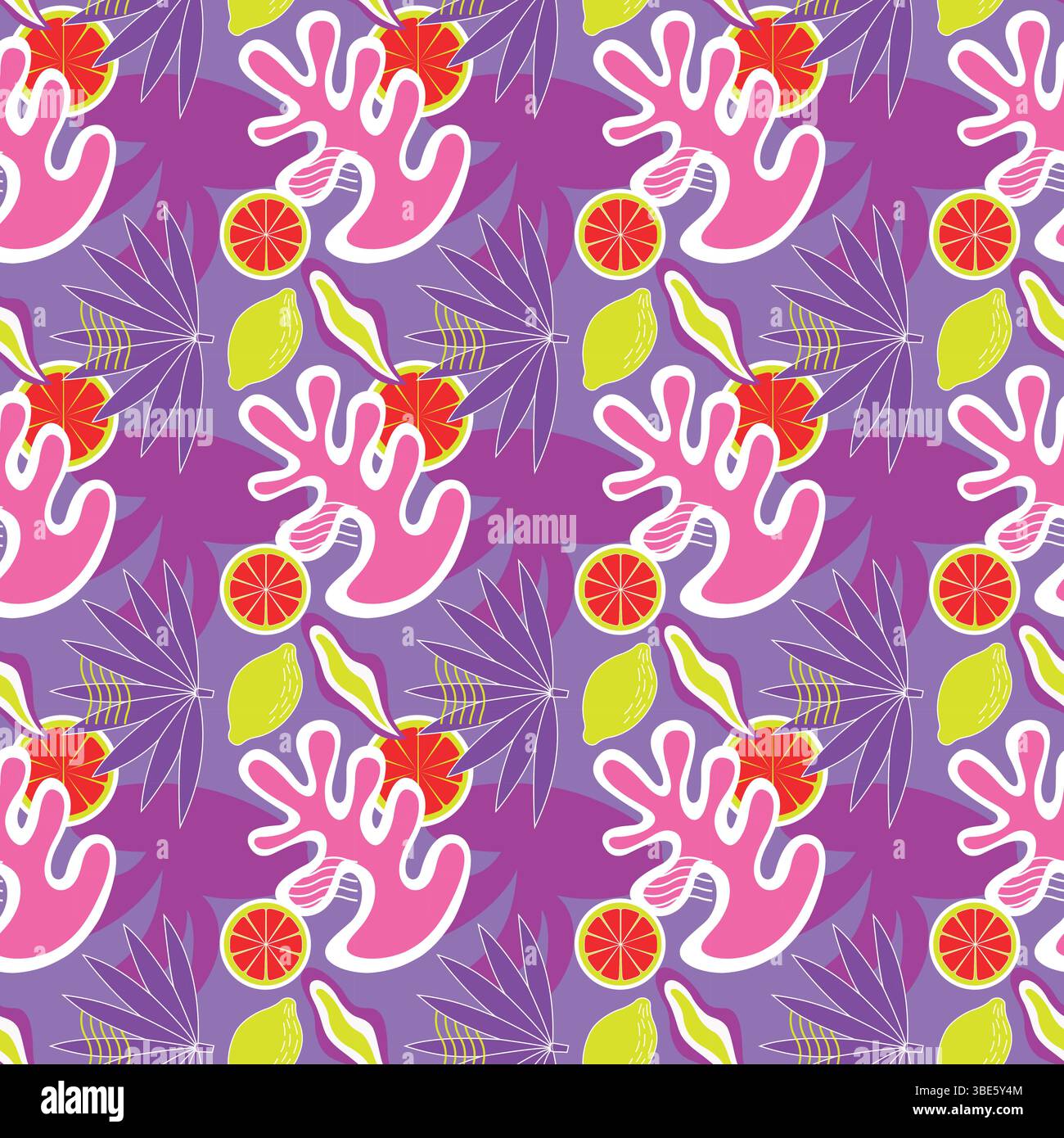 Abstract tropical fruit and leaf pattern seamless repeat design Stock Vector