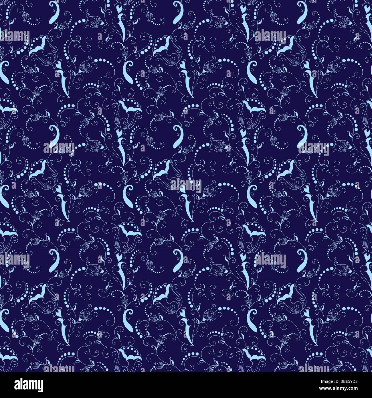 Midnight blue floral and bat pattern seamless repeat design Stock Vector