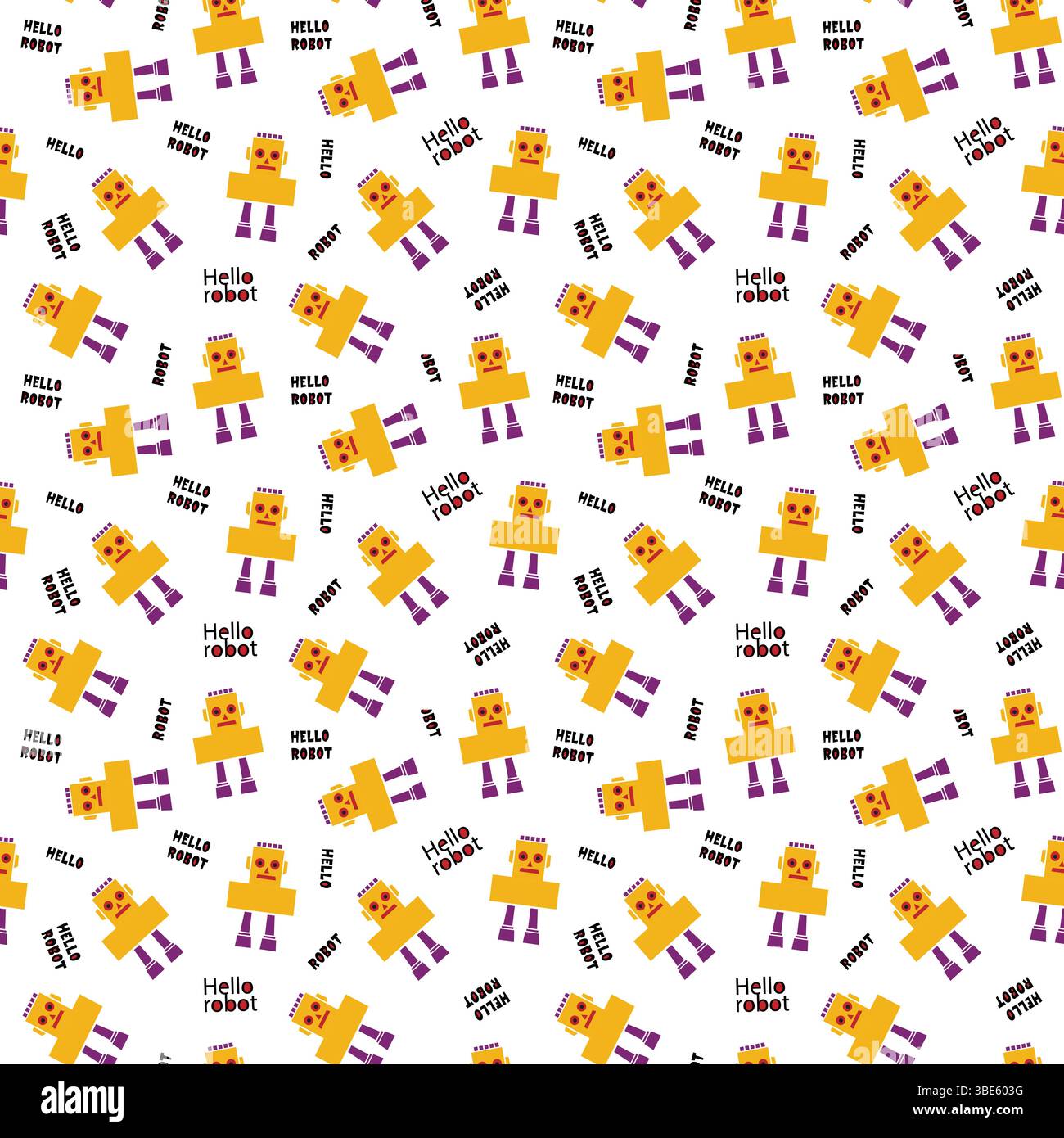 Seamless pattern design featuring cute yellow robots saying hello robot Stock Vector