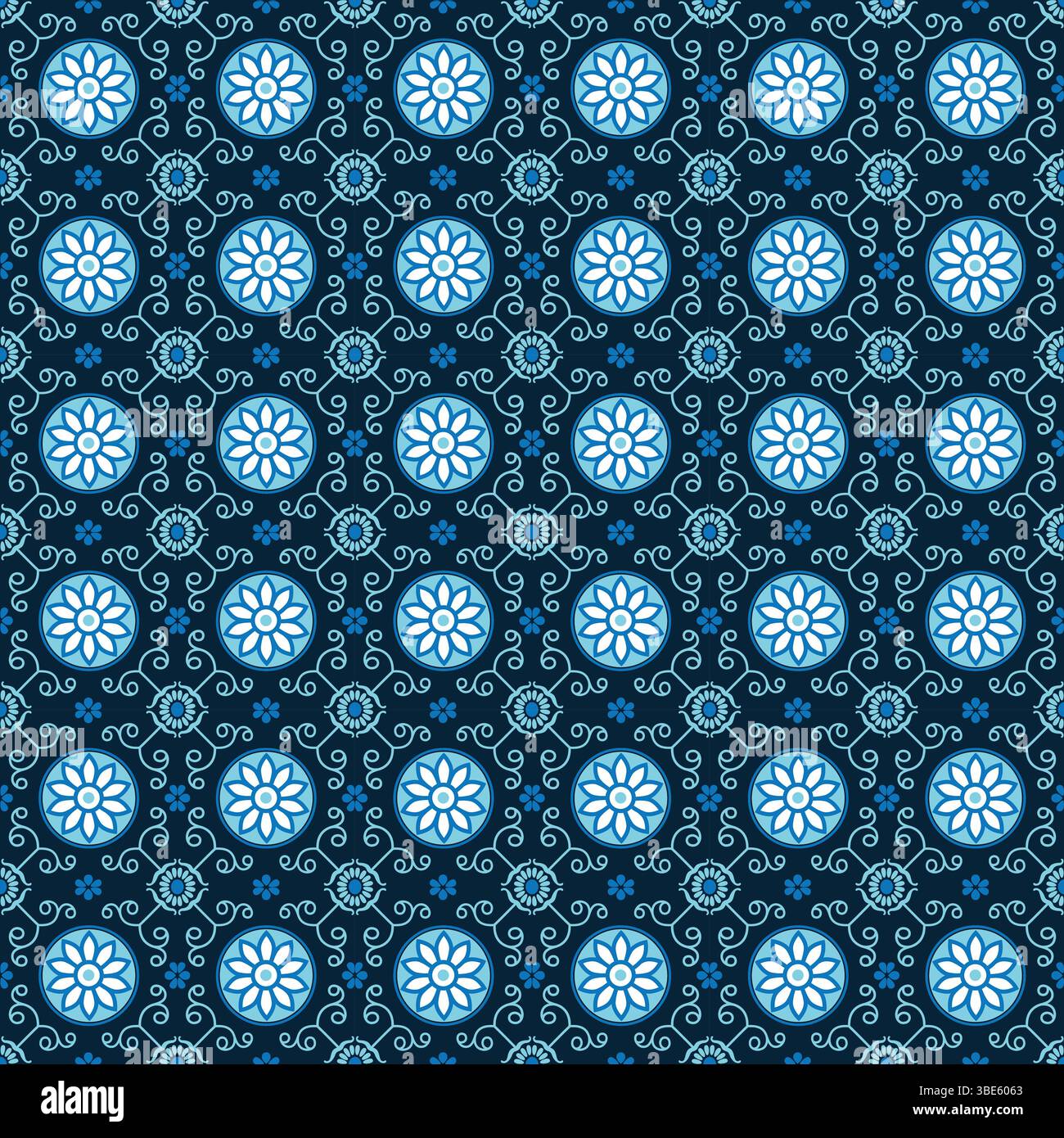 Repeating blue and white floral pattern seamless textile design Stock Vector