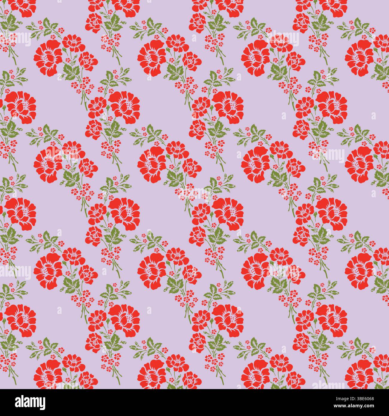 Repeating red rose and green leaf pattern on lavender background Stock Vector