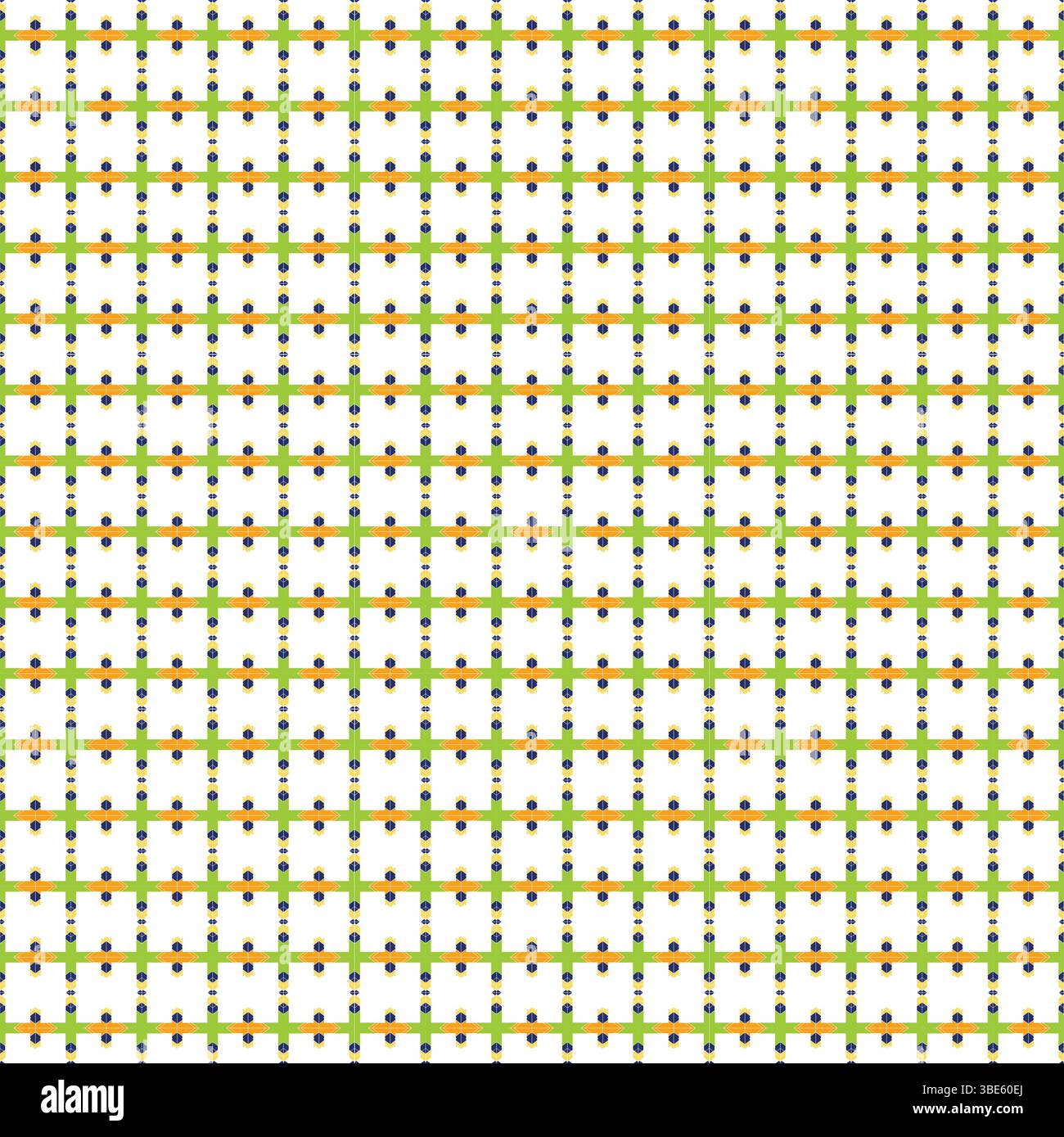 Repeating geometric pattern with green orange and black lines on white background Stock Vector