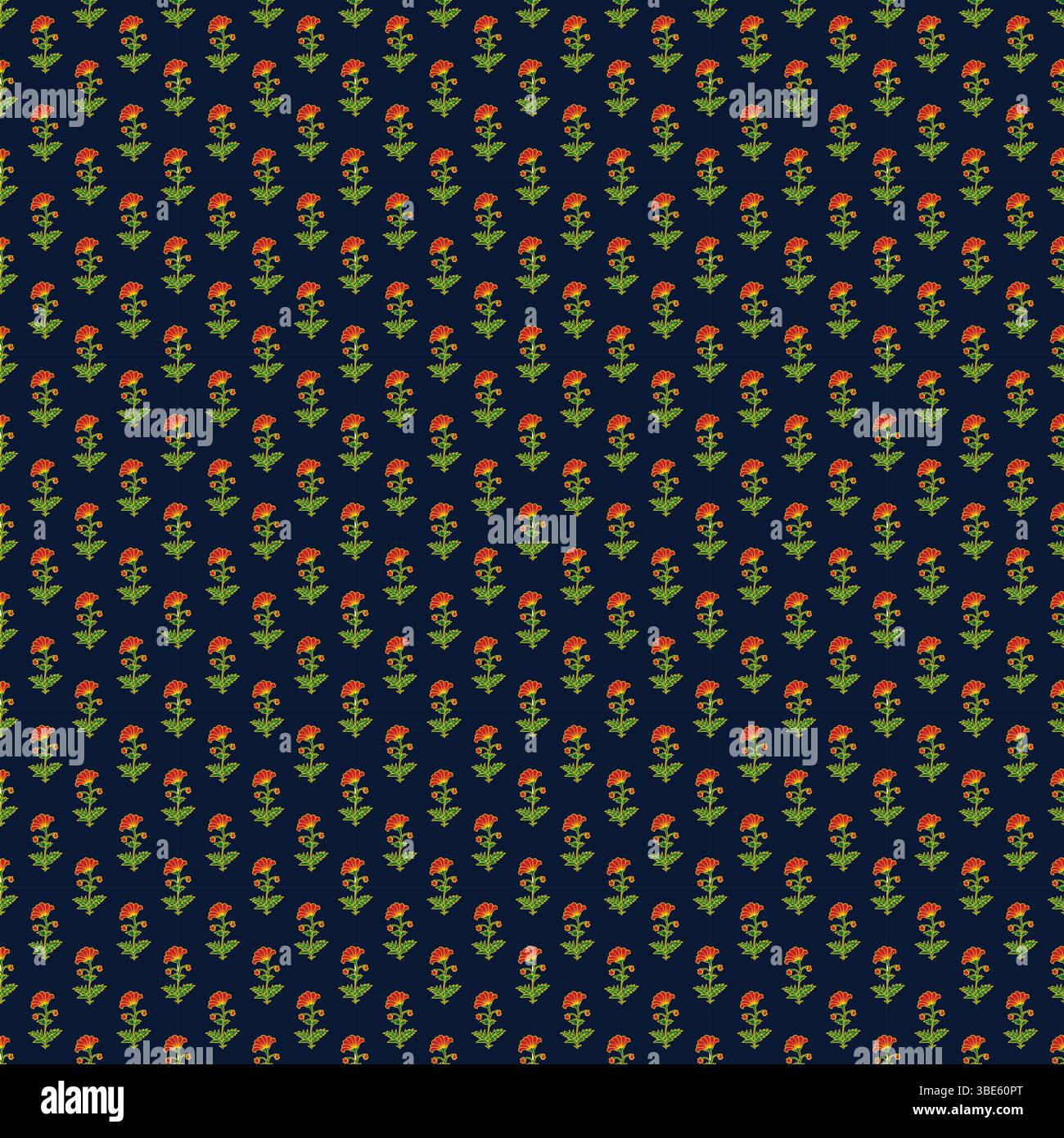 Repeating pattern of small orange and green flowers on dark blue background Stock Vector