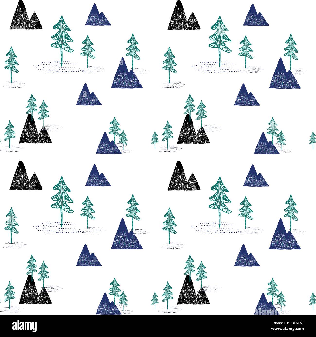 Seamless pattern design featuring simple mountains and pine trees on white background Stock Vector