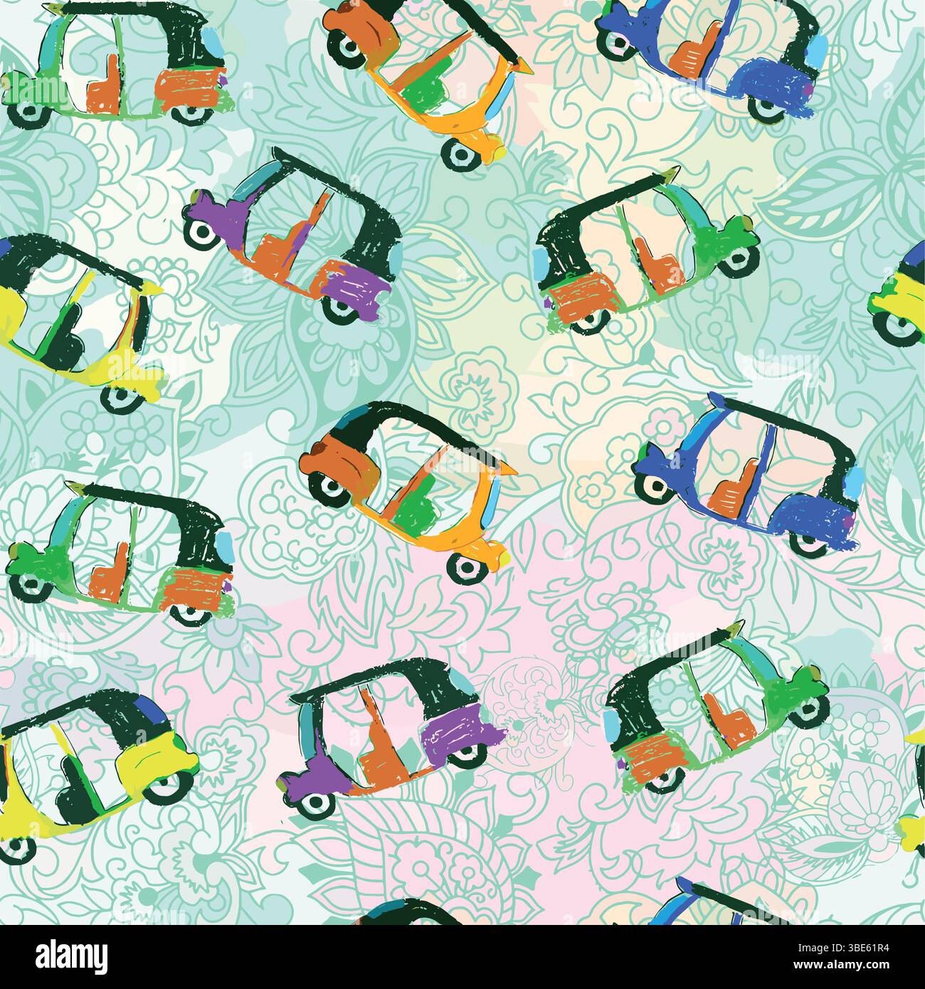 Colorful auto rickshaw pattern on pastel floral background Stock Vector