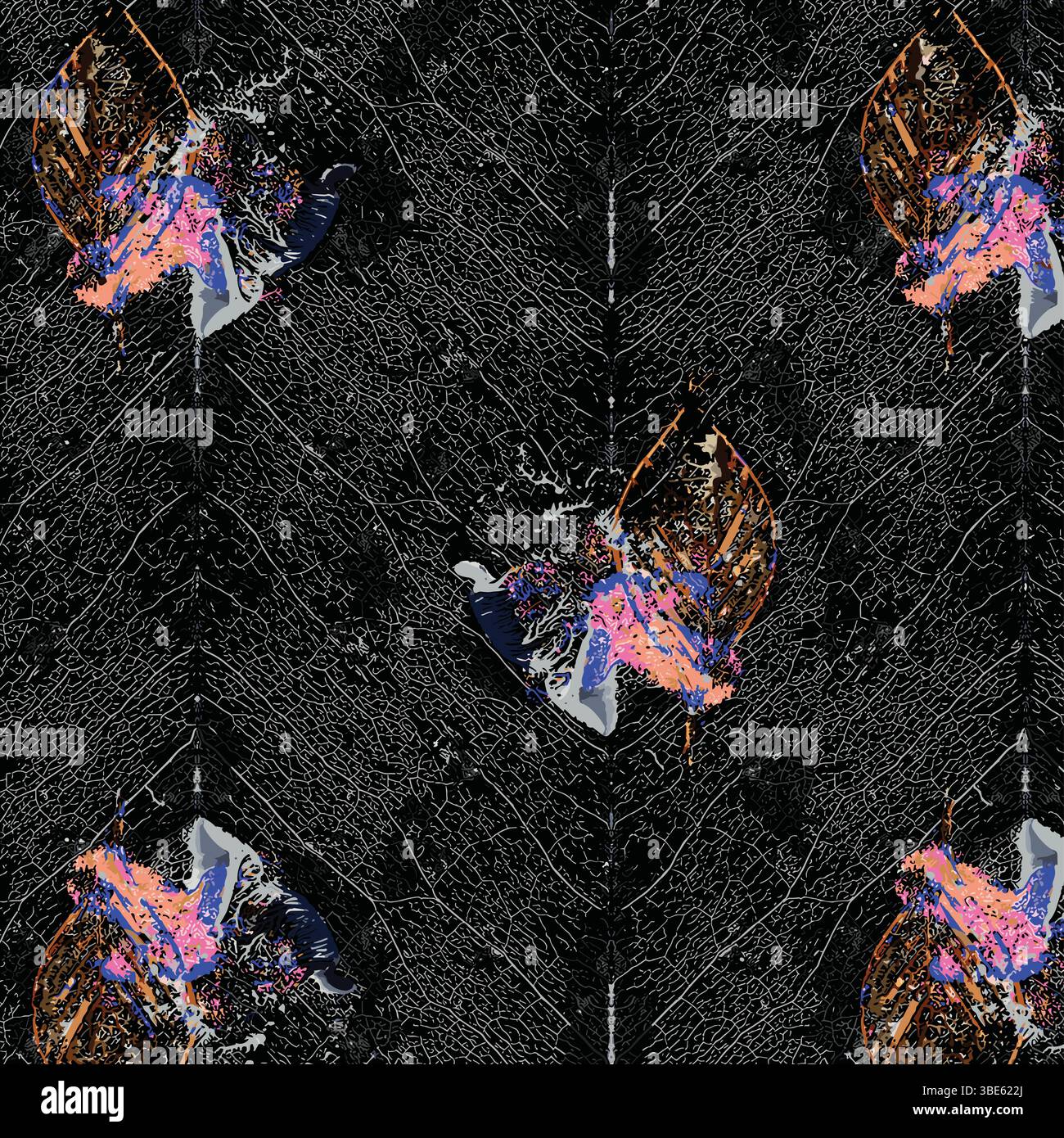 Abstract dark textile pattern with distressed leaf motifs and grunge texture Stock Vector