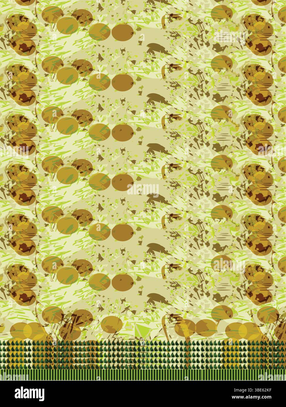 Abstract green and gold pattern with circular elements and geometric border Stock Vector