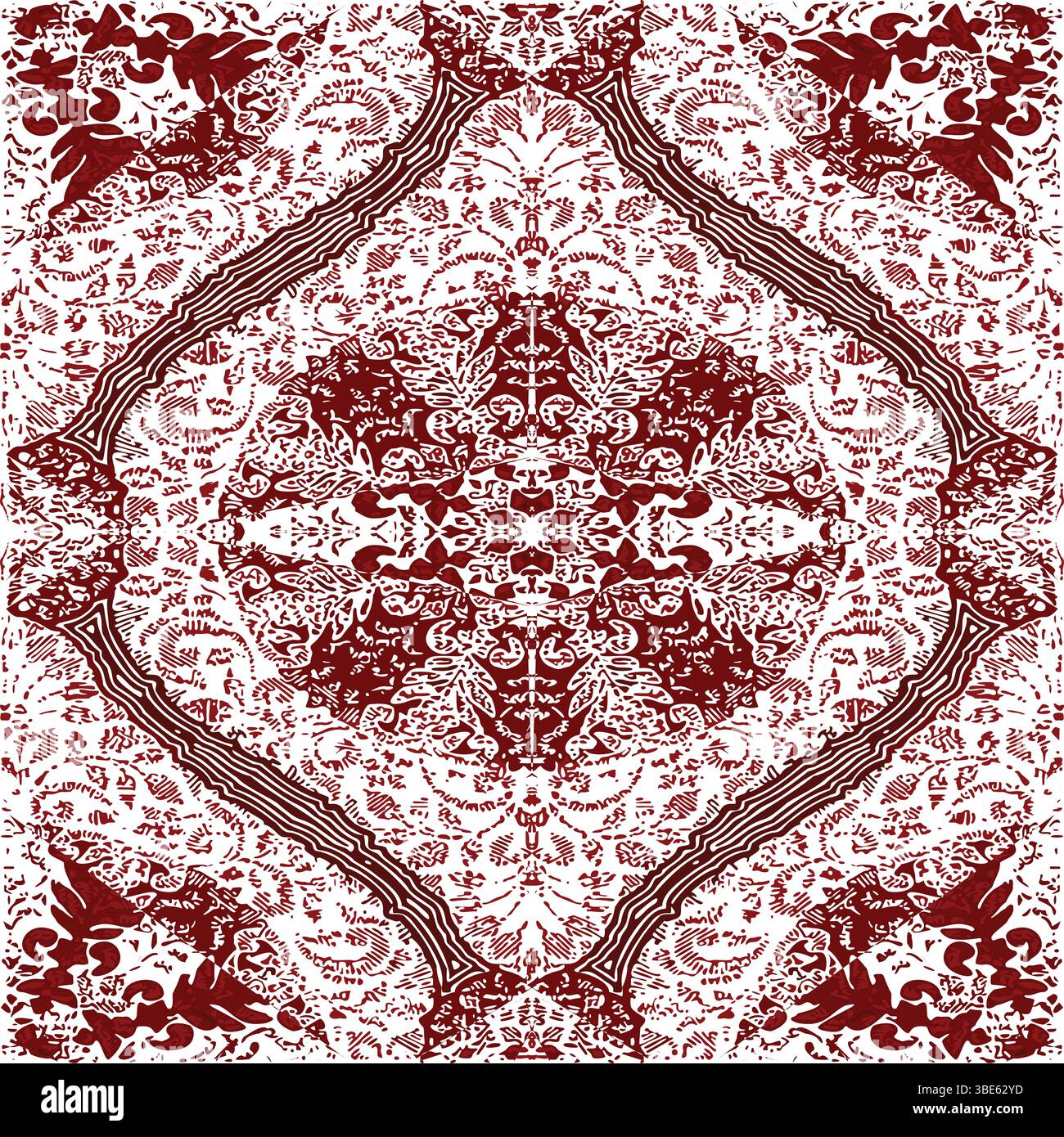 Intricate maroon and white symmetrical pattern design textile print Stock Vector