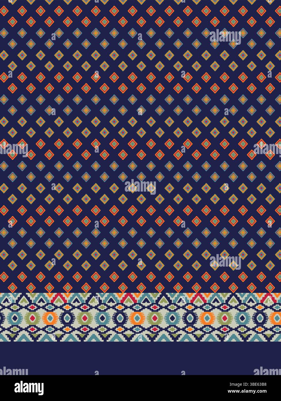 Navy blue and multicolored diamond and ikat pattern fabric design Stock Vector