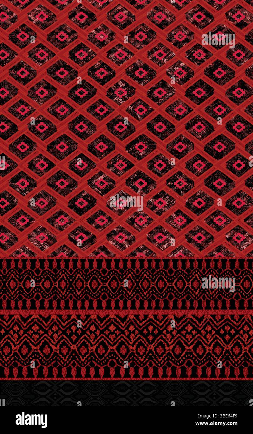 Red and black geometric textile pattern with intricate design elements Stock Vector