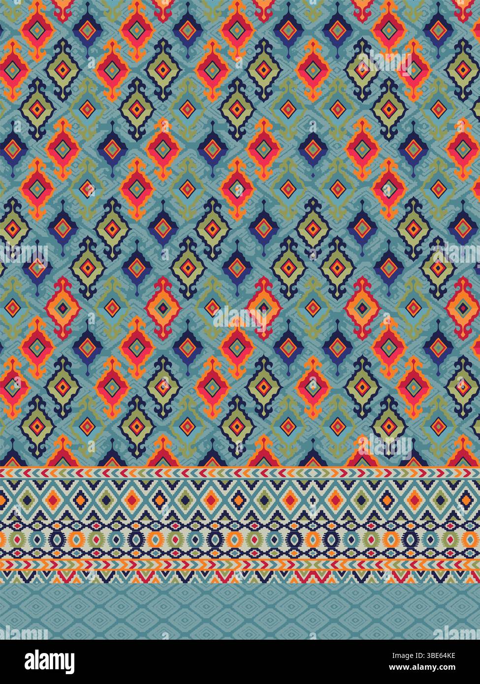 Vibrant teal and multicolored diamond pattern textile design Stock Vector
