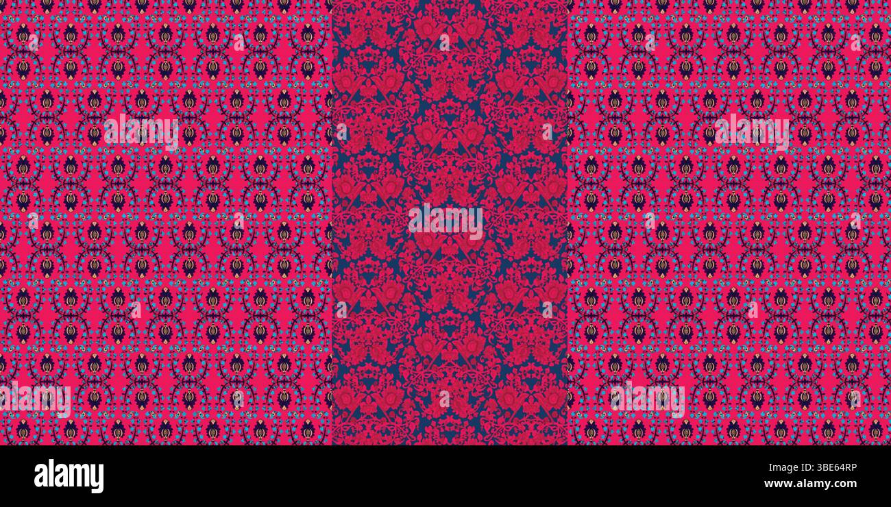Vibrant pink and purple geometric textile pattern design collage Stock Vector