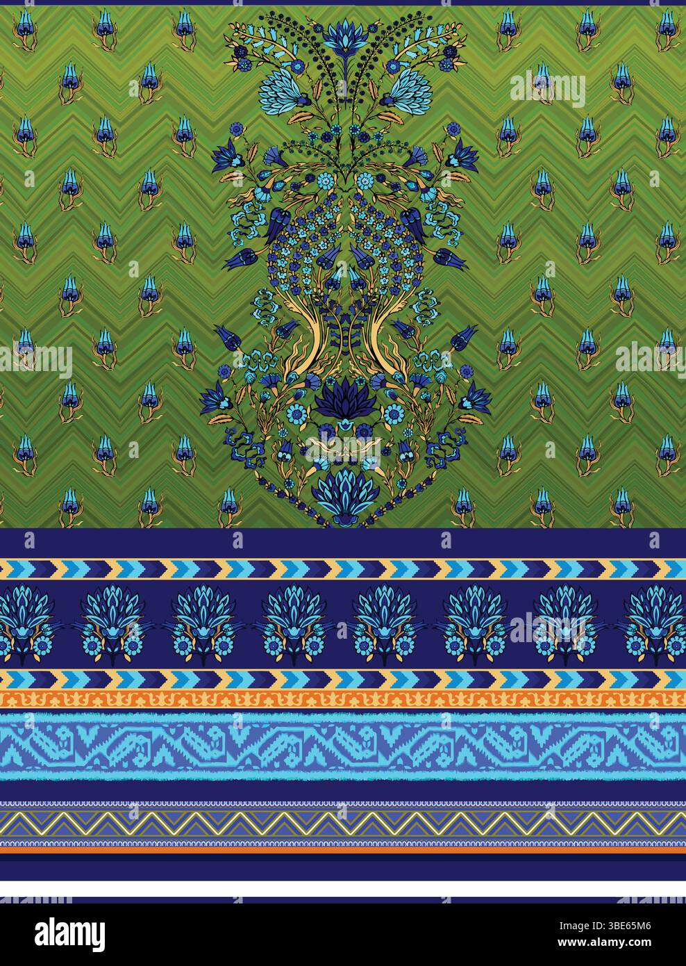 Vibrant green and blue floral textile design with intricate border ...