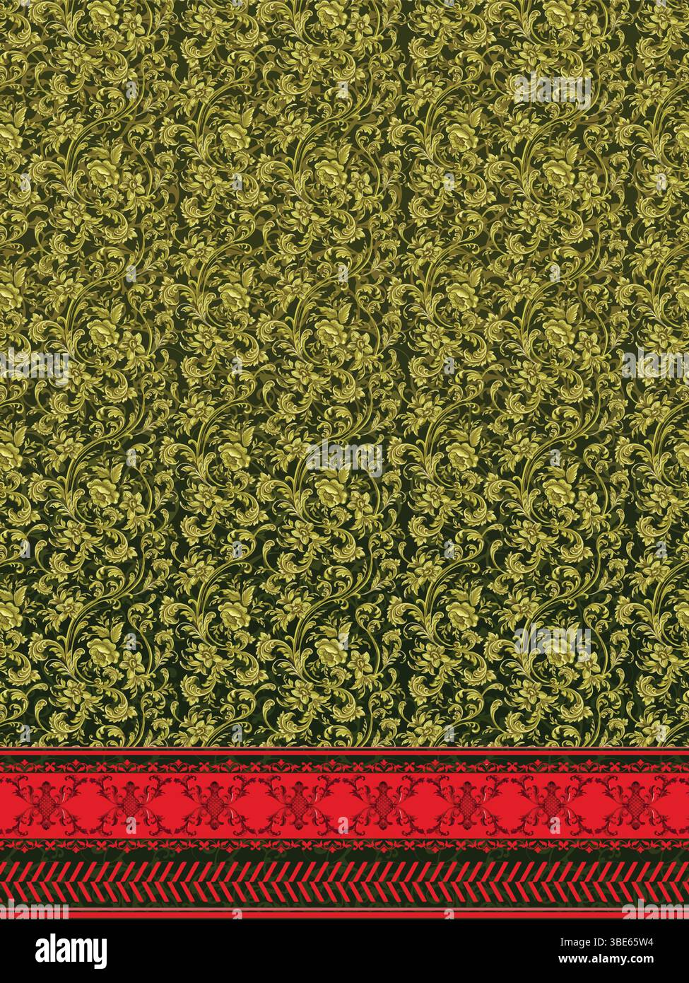 Elegant green and gold damask fabric with red and black border design Stock Vector