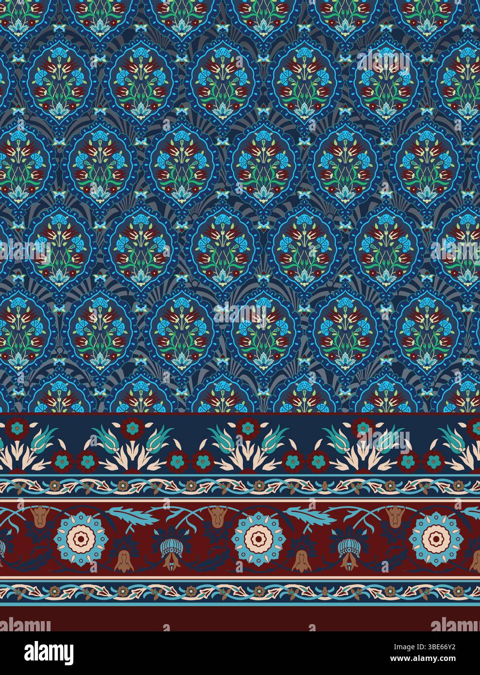 Intricate blue and maroon floral damask pattern with border Stock Vector