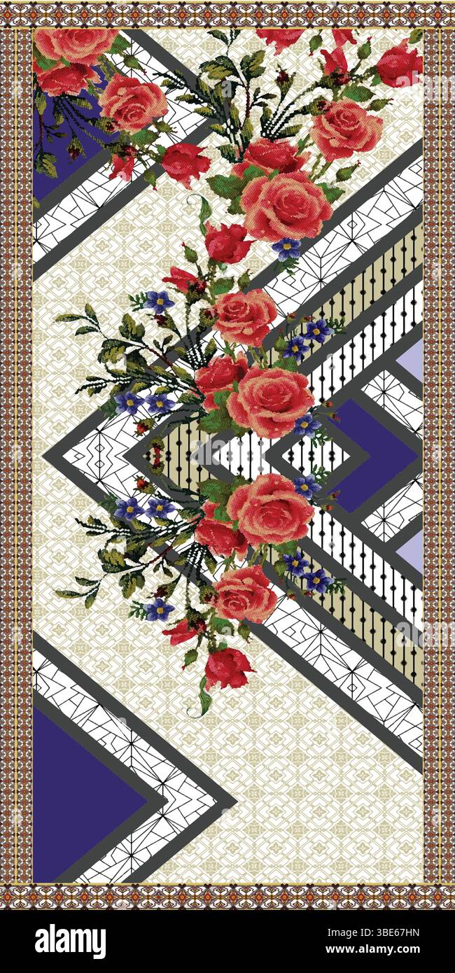 Elegant floral textile design with geometric pattern and red roses ...
