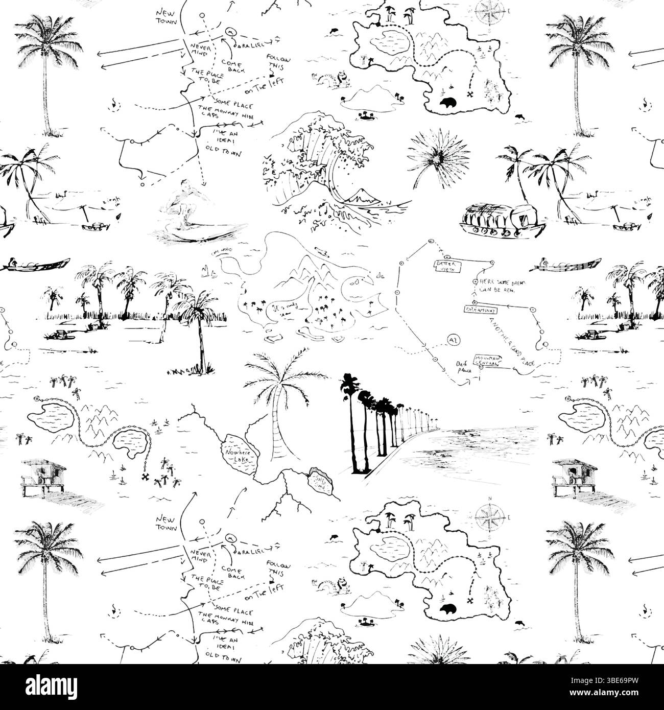 Whimsical tropical island treasure map seamless pattern design Stock Vector