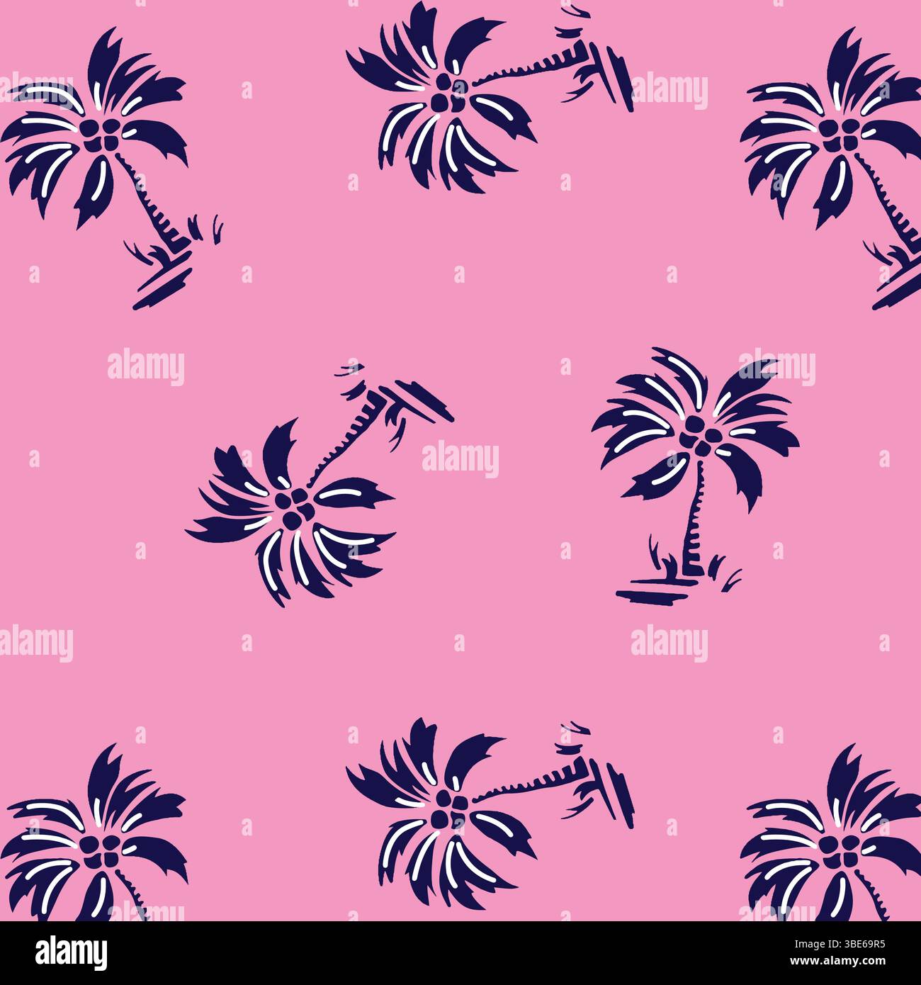 Seamless pink background pattern with dark blue stylized palm trees Stock Vector
