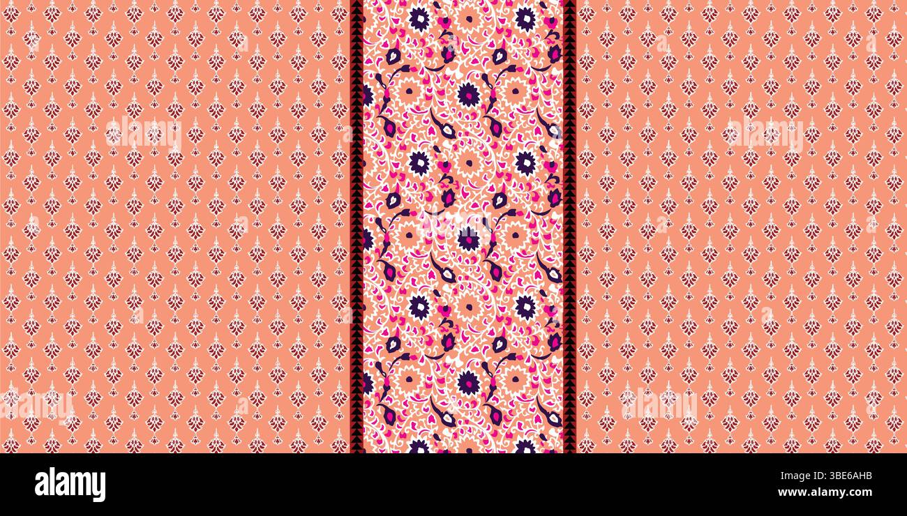 Peach and purple floral textile design with vertical border pattern Stock Vector