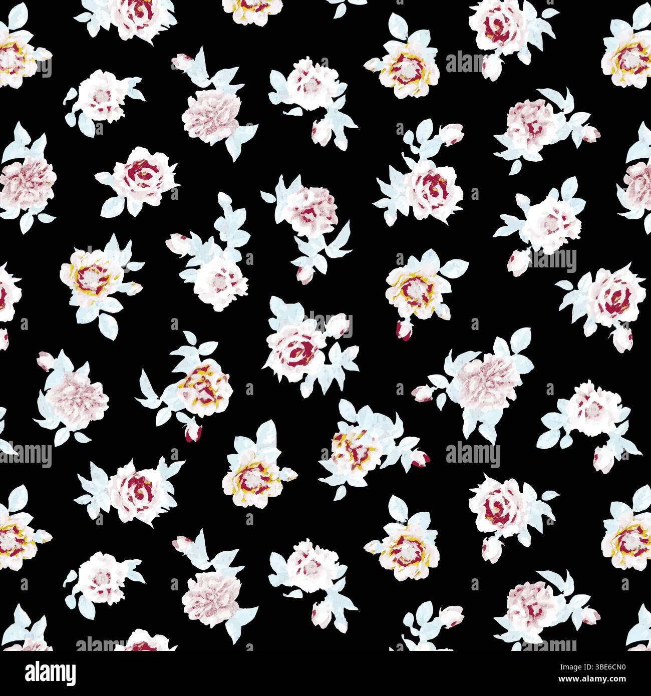 Delicate pink and white roses on black background seamless pattern design Stock Vector