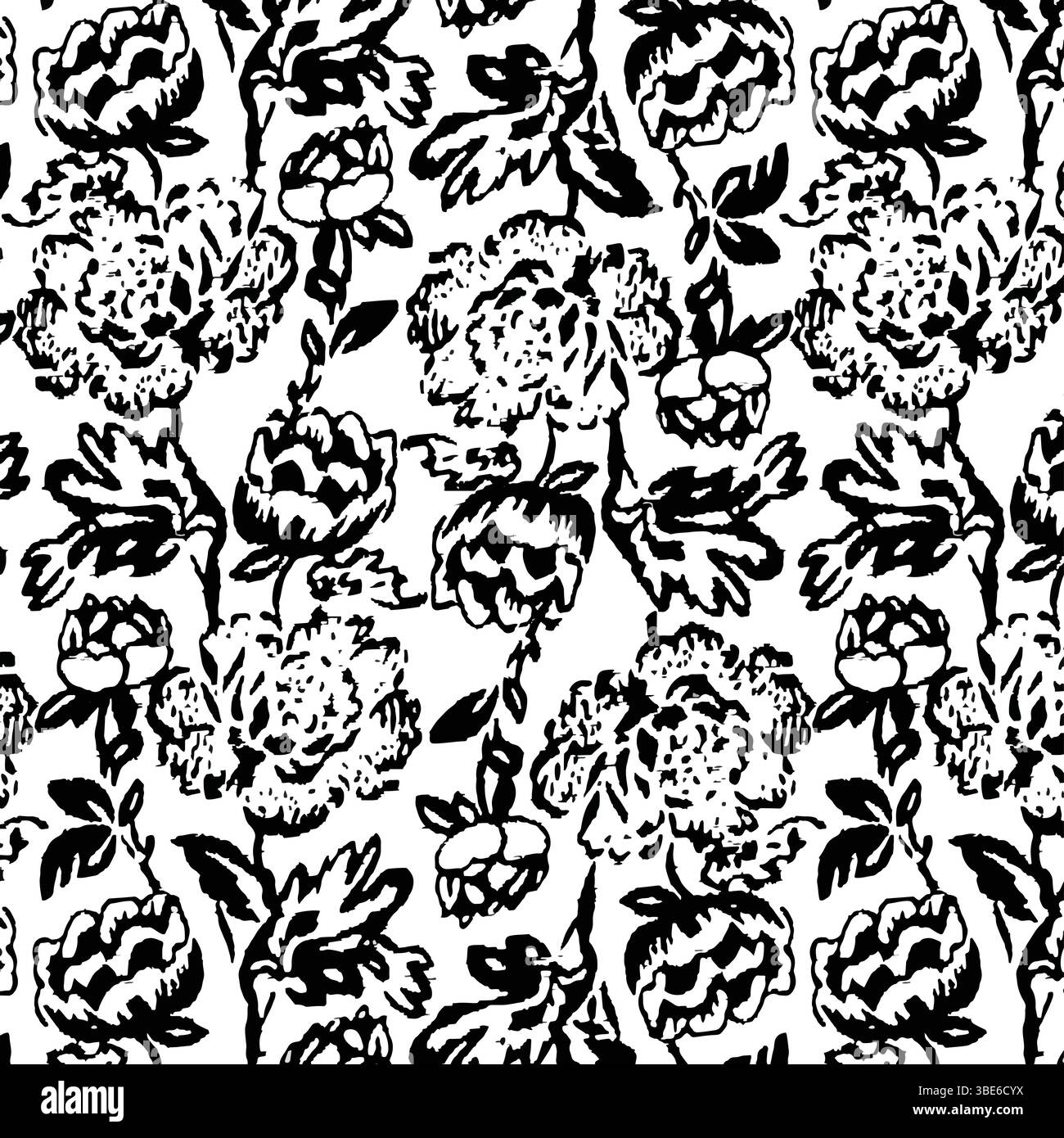 Black and white floral textile design seamless pattern peonies Stock Vector