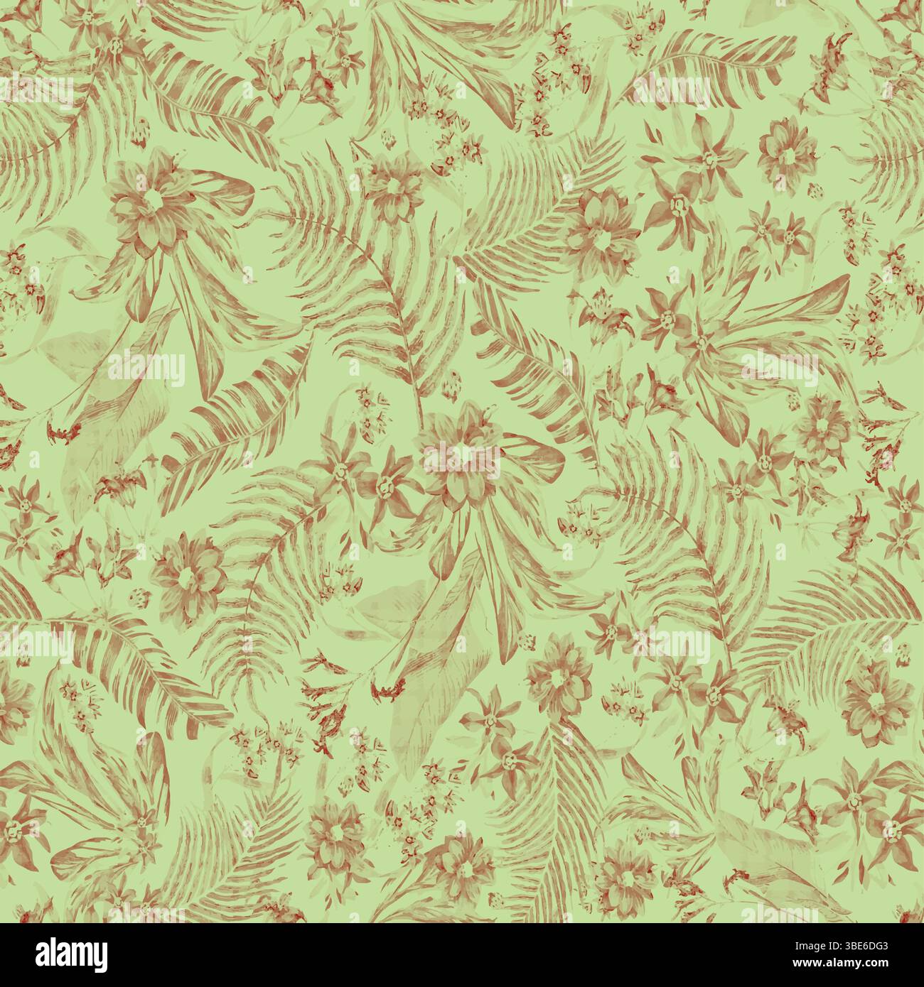 Rustic brown and pale green floral tropical leaf pattern seamless repeat design Stock Vector