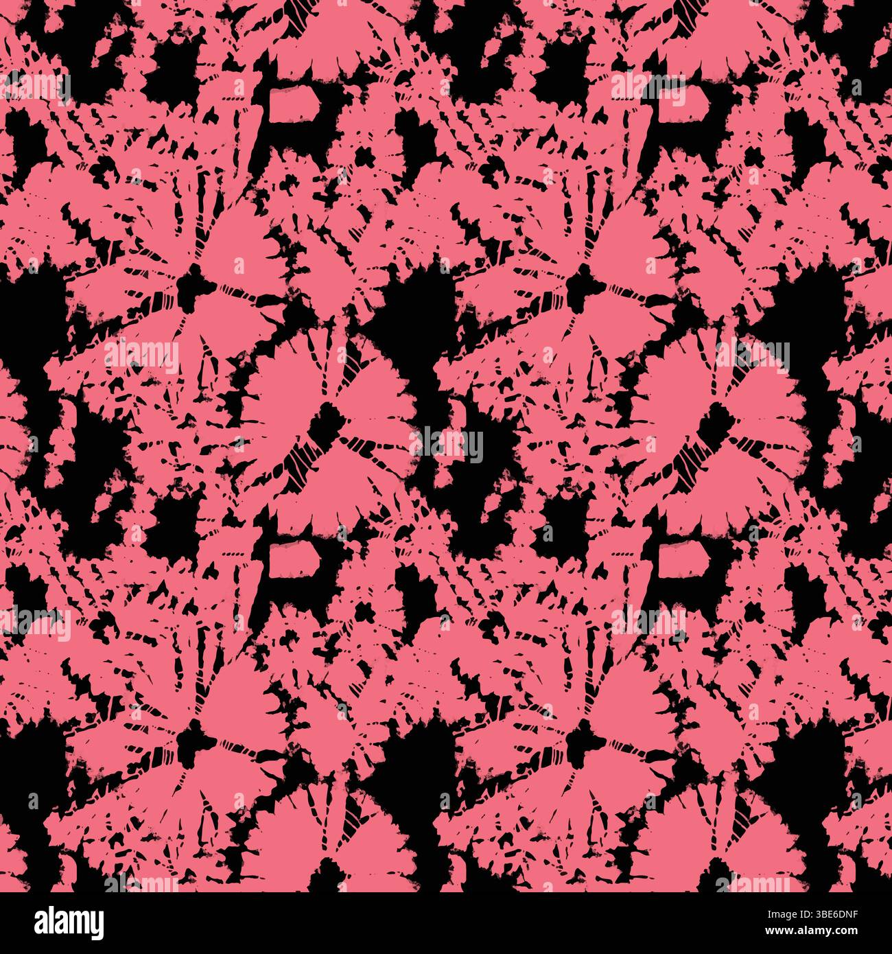 Abstract coral pink and black floral pattern seamless repeat textile design Stock Vector