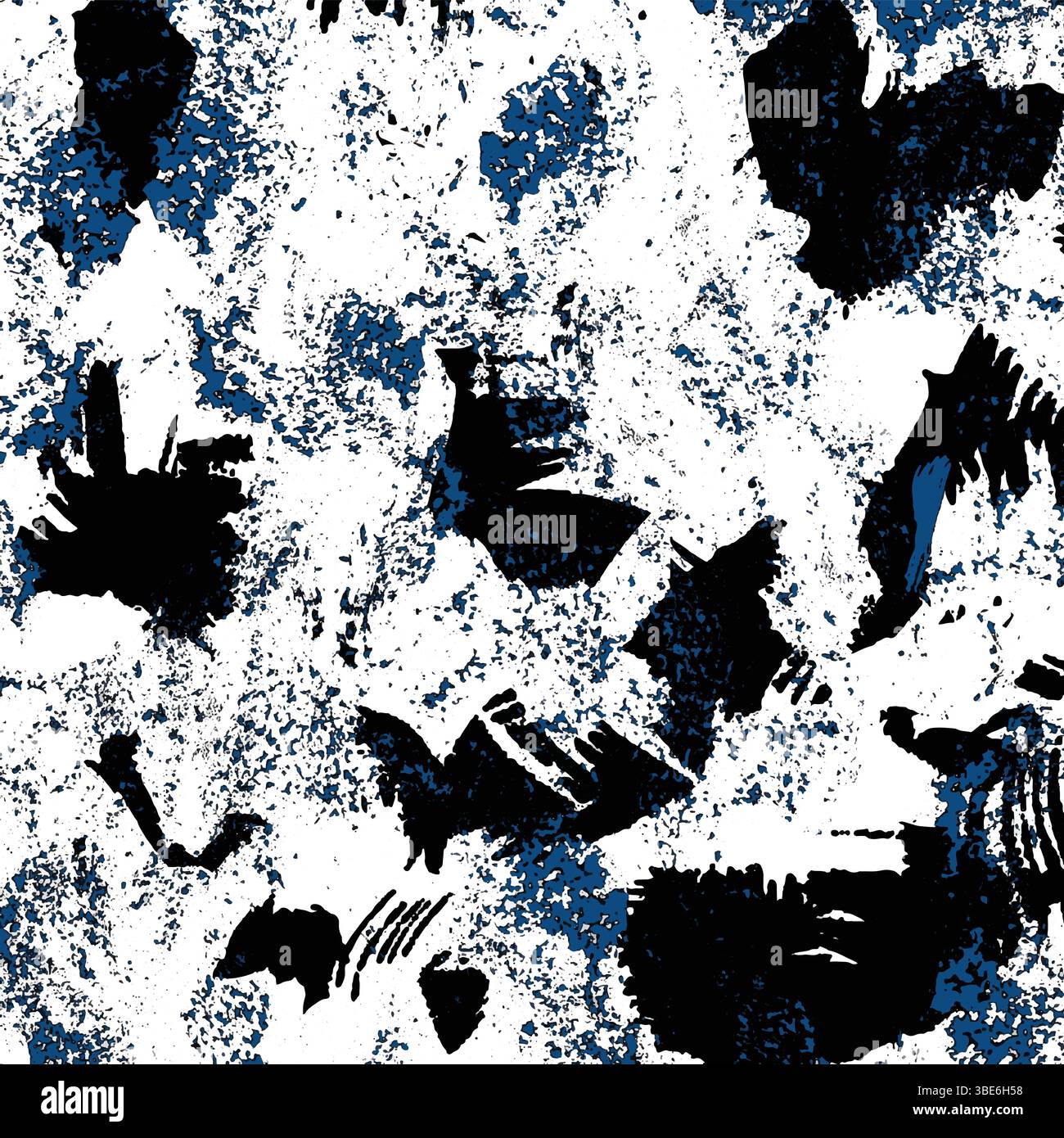 Abstract seamless pattern with black and blue ink splatter on white background Stock Vector