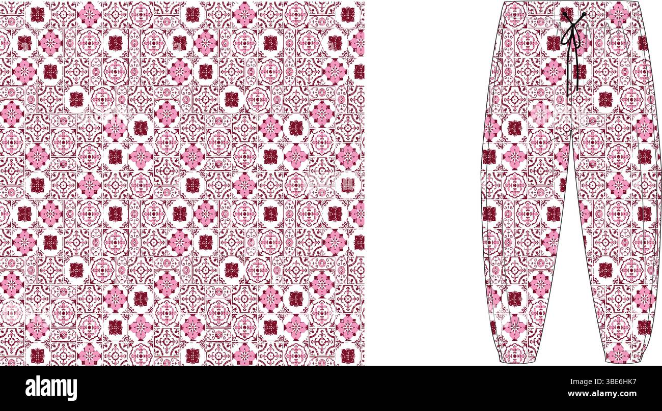 Pink and maroon damask patterned joggers design flat sketch Stock Vector