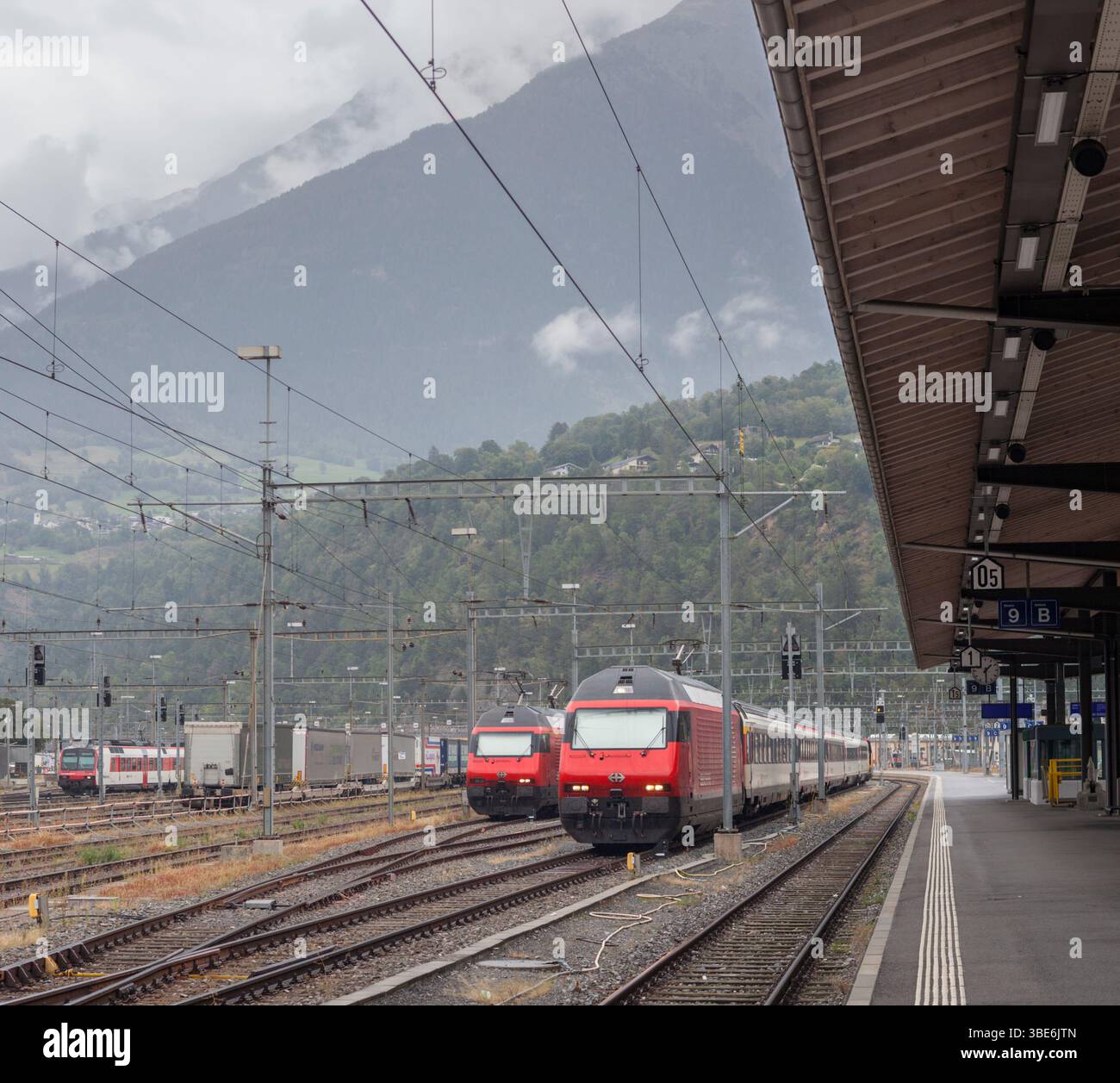 SBB Re 460 electric locomotives stabled at Brig (Switzerland) with ...