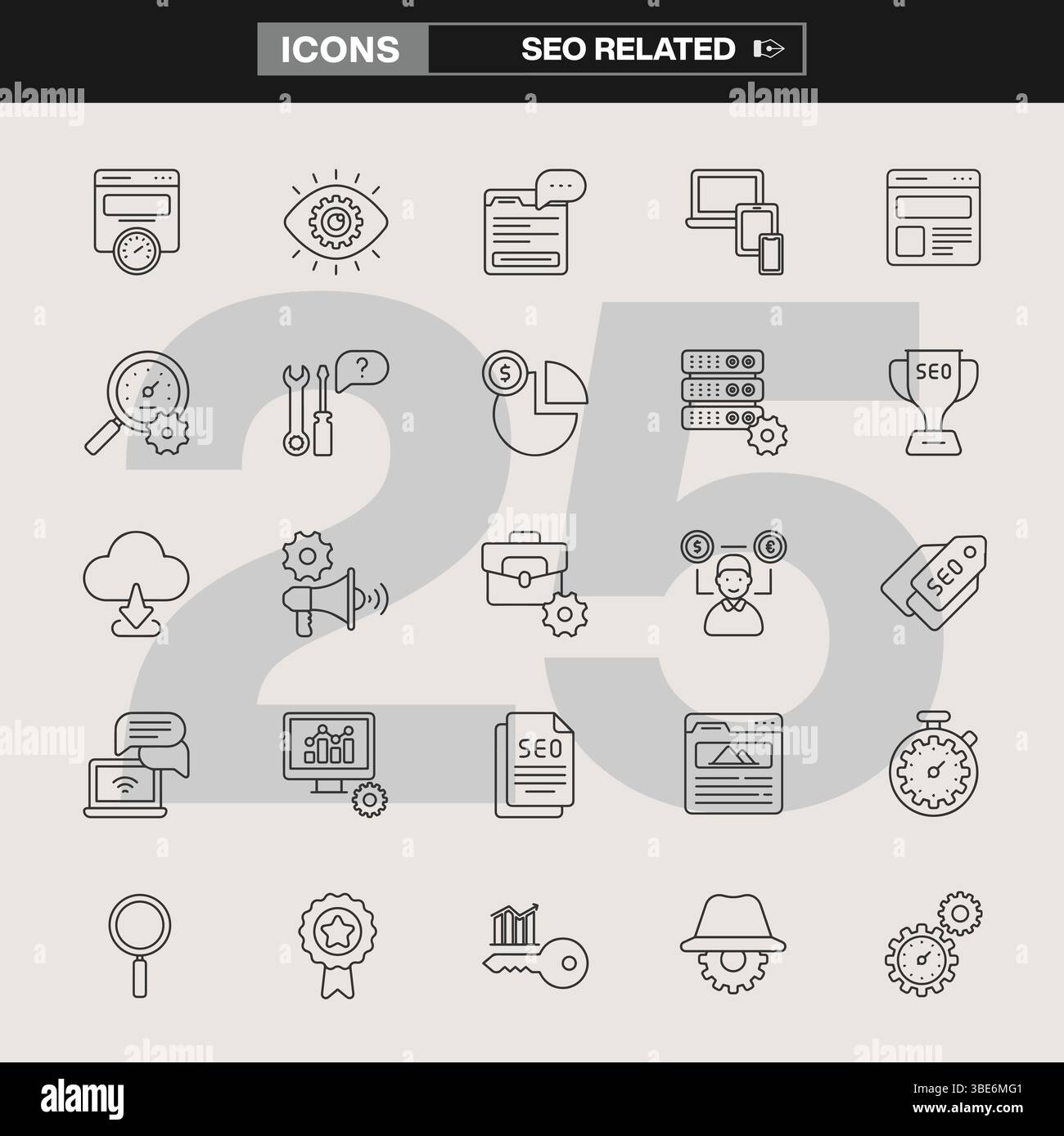 A collection of SEO related icons, featuring link building, keyword research, analytics, content optimization, and user engagement. Stock Vector