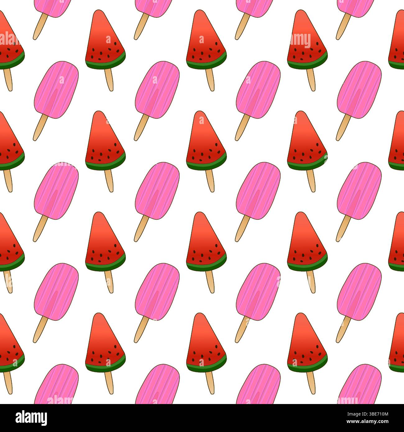Seamless cartoon summer pattern with vector illustration of colorful ice cream on a stick on white background. For Summertime, food, dessert, refreshi Stock Vector