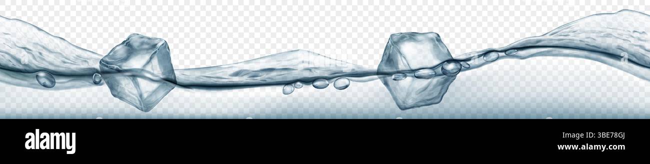 Three translucent ice cubes floating in water with waves, isolated on ...