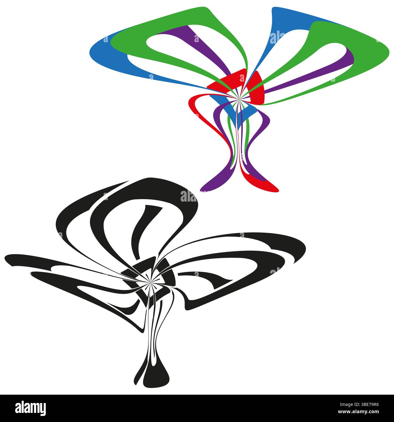 Twisted wing butterfly. Curved symmetry symbol. Abstract vector insect ...