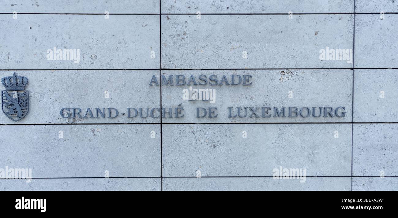 French Inscription Wall of the Luxembourg Embassy in Berlin’s embassy district, featuring ...