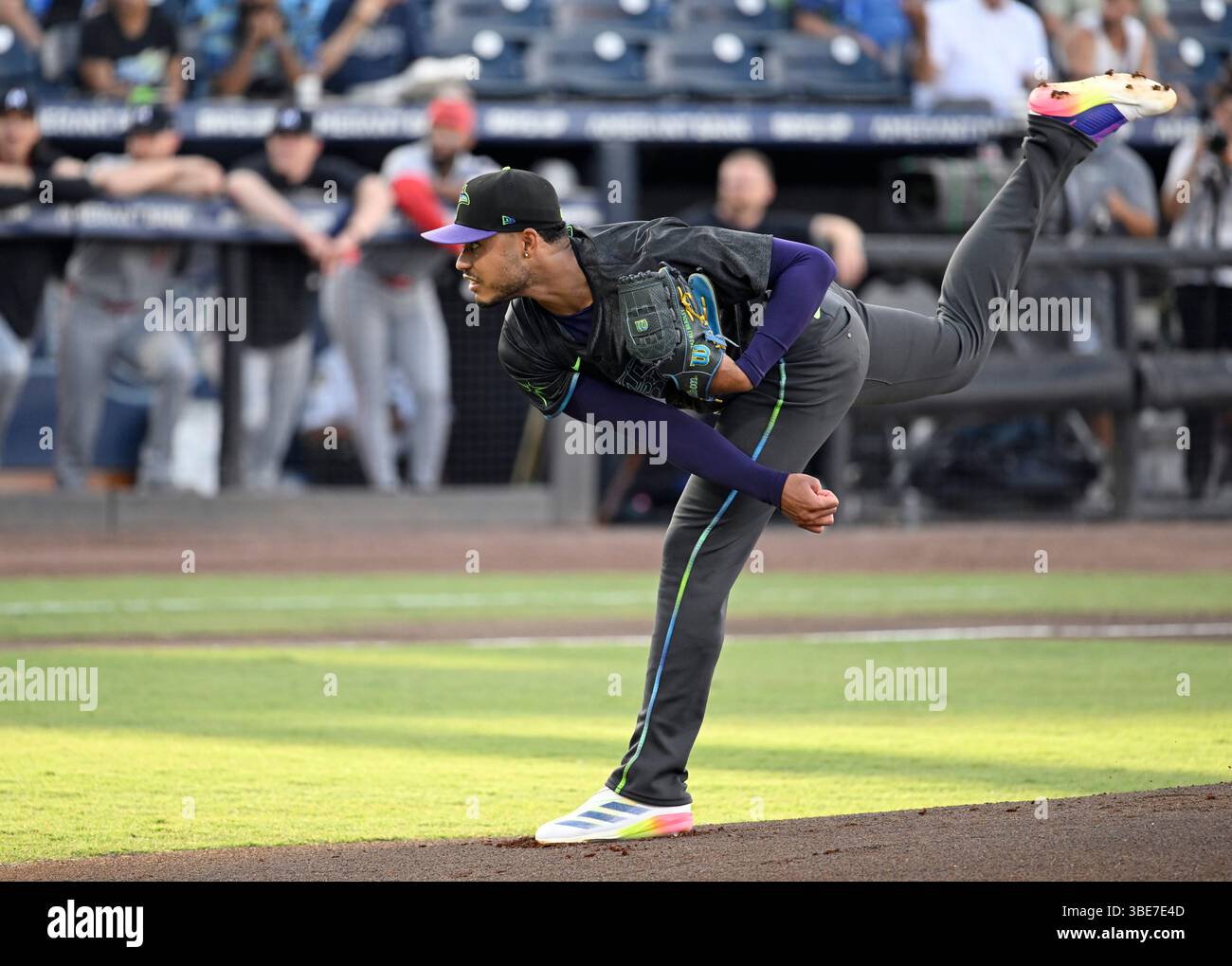 Tampa Bay Rays pitcher Taj Bradley throws during the first inning of a baseball game against the ...