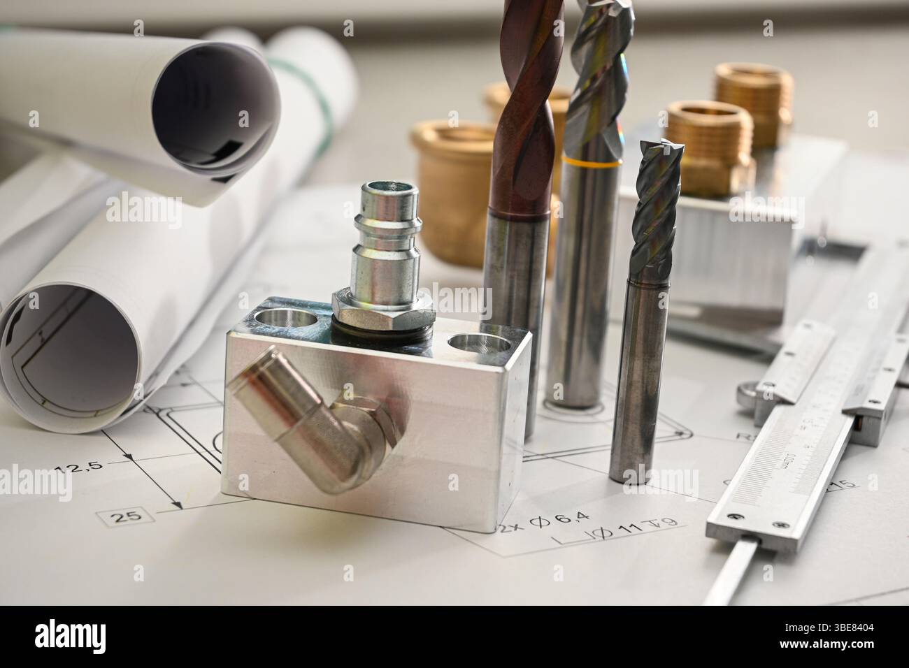 Precision metalworking tools and components arranged on detailed ...