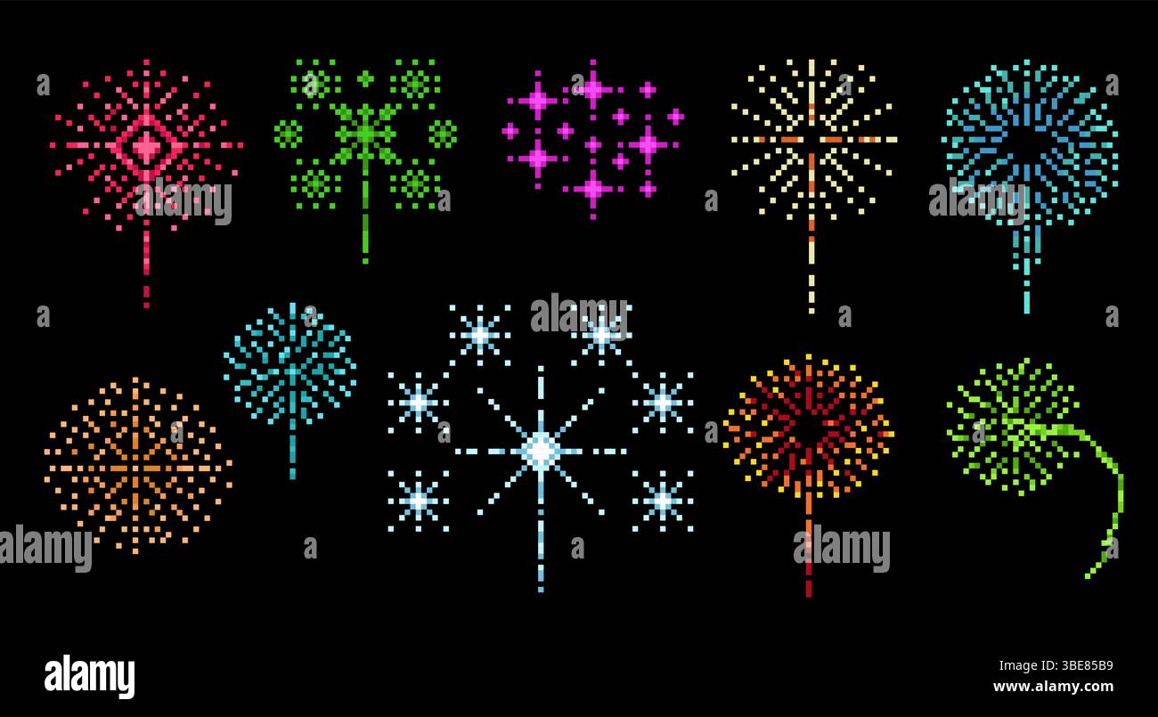 Pixel fireworks. Night sky lights bursting, 8 bit retro design, video ...