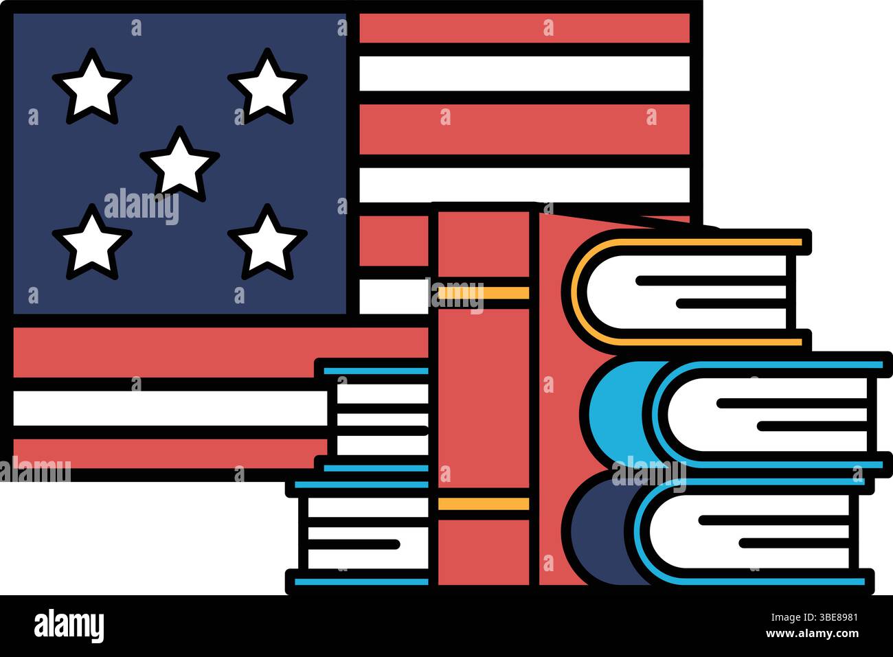 A book stack with a red, white and blue American flag in the background ...