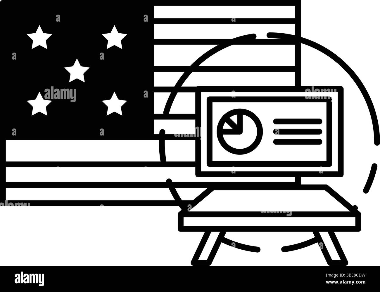 A black and white image of a computer monitor with a pie chart on it. The image is of a desk with a computer monitor and a laptop. The desk is surroun Stock Vector