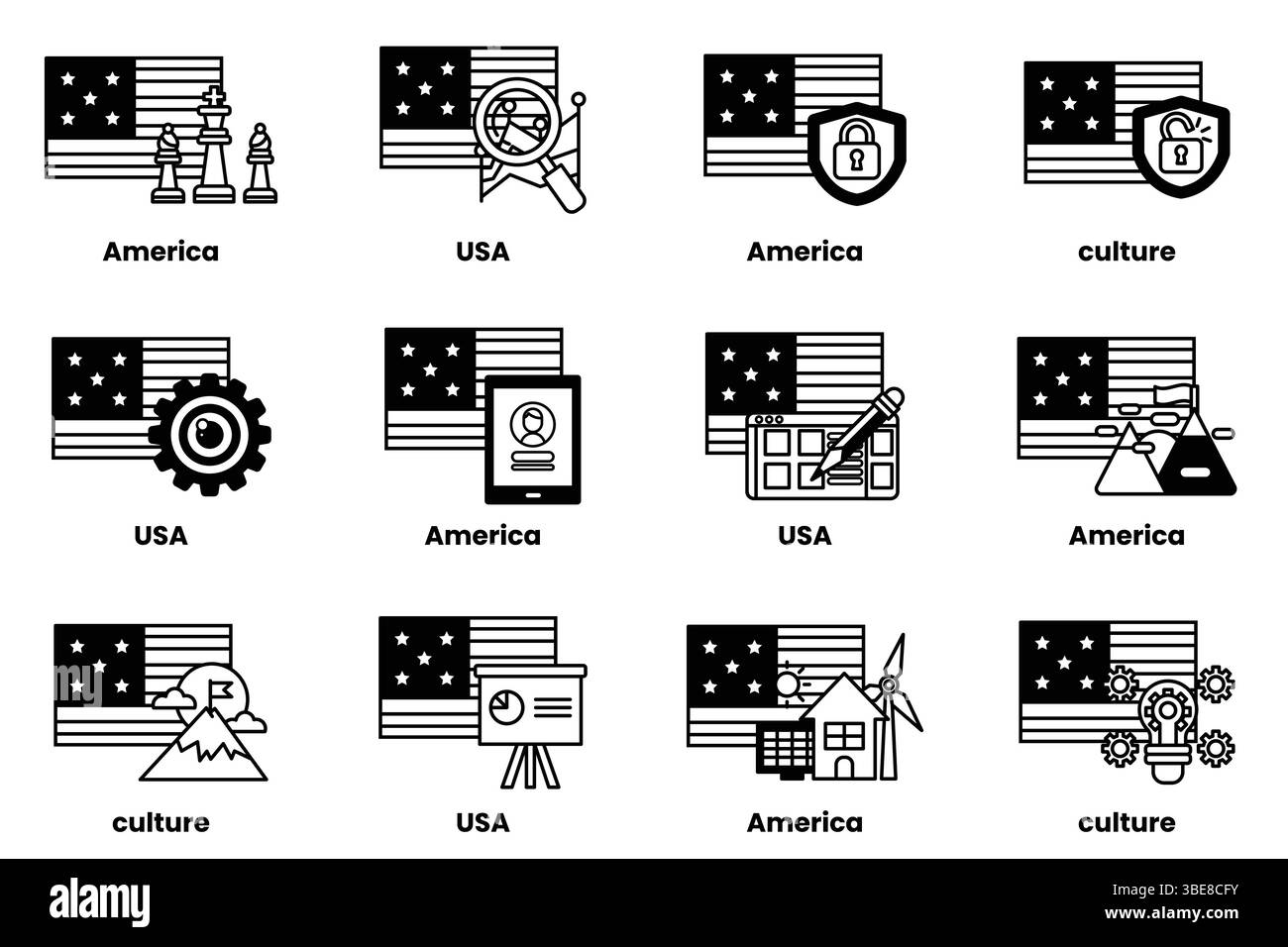 Flags icons in flat Black and White Stock Photos & Images - Alamy