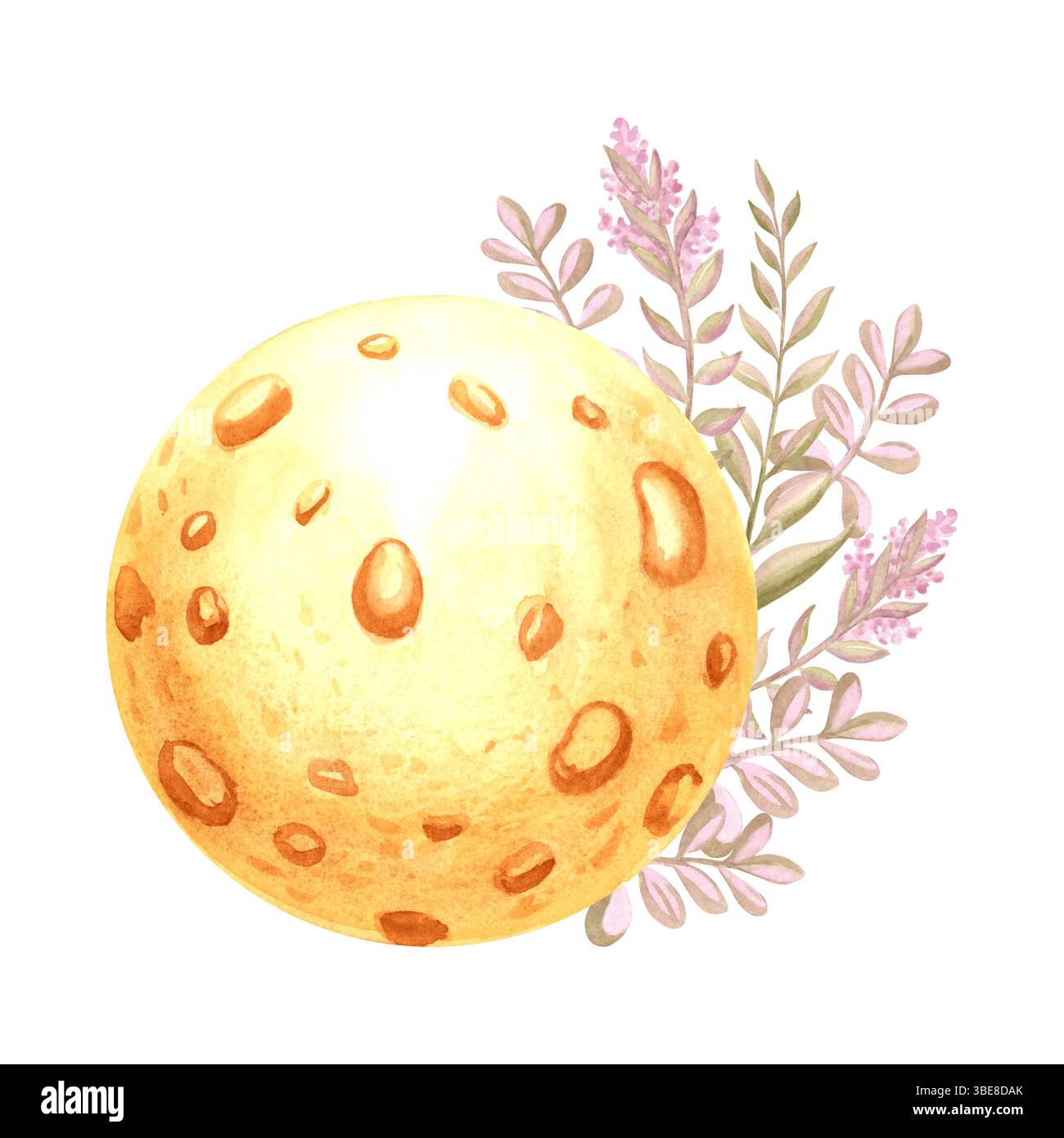 Yellow full moon with purple flower sprigs watercolor isolated illustration for kids design. Cute clipart hand drawn round moon from fairy tale dreams Stock Photo