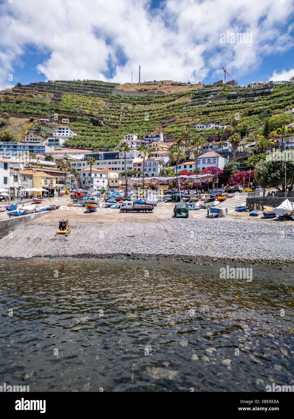 Port of Camara de Lobos on Madeira, Portugal. View with terraced banana plantations on background Stock Photo