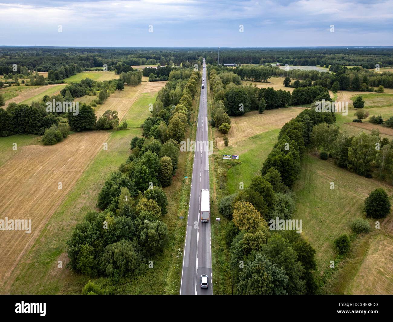 Aerial view of national road no 62 between Lochow and Wyszkow cities in Mazowsze region of Poland Stock Photo